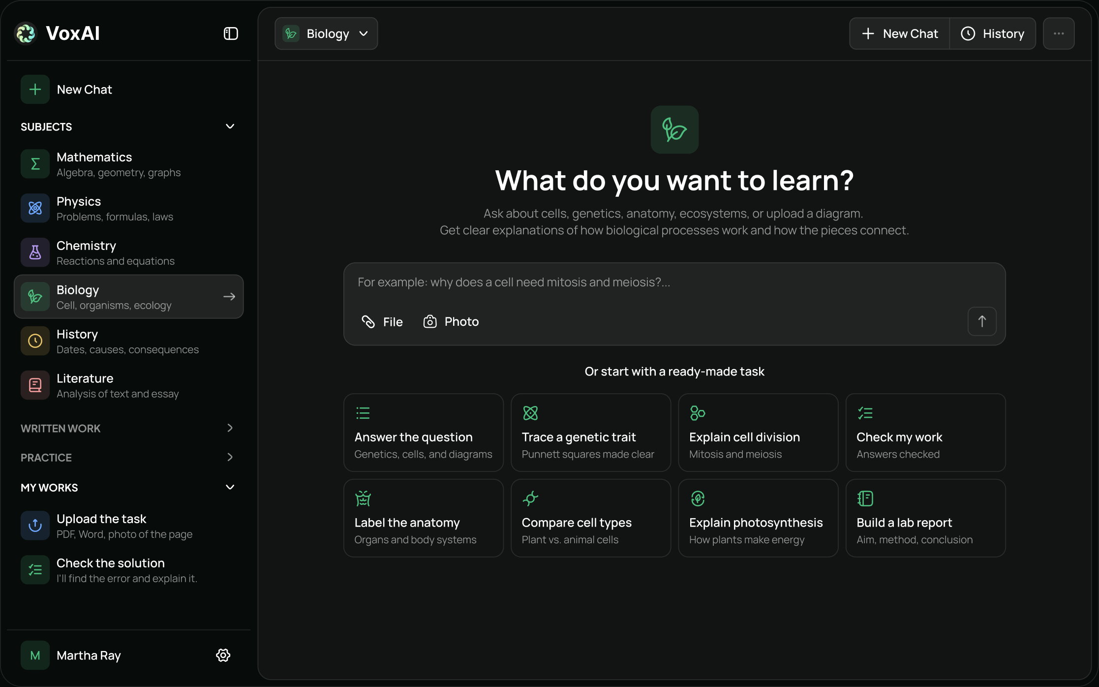 VoxAI app preview showing Biology subject chat