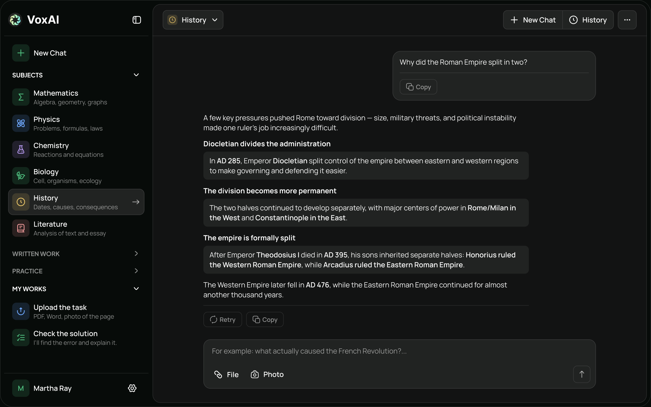 VoxAI app preview showing History subject chat